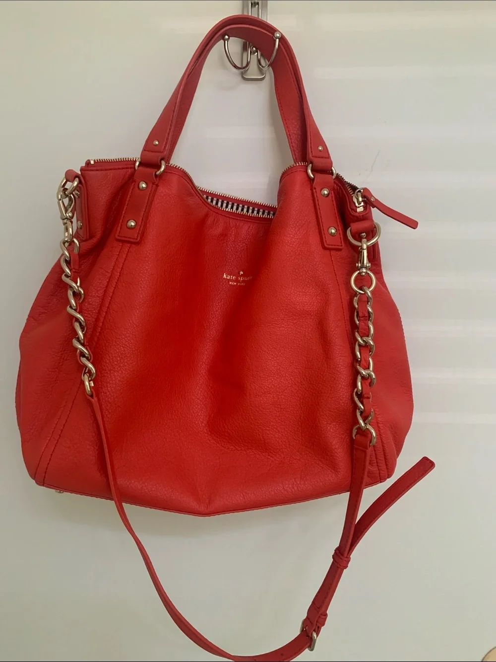 Like New- Kaye Spade  Red Pebble Leather Shoulder Bag with Gold Chain Accents